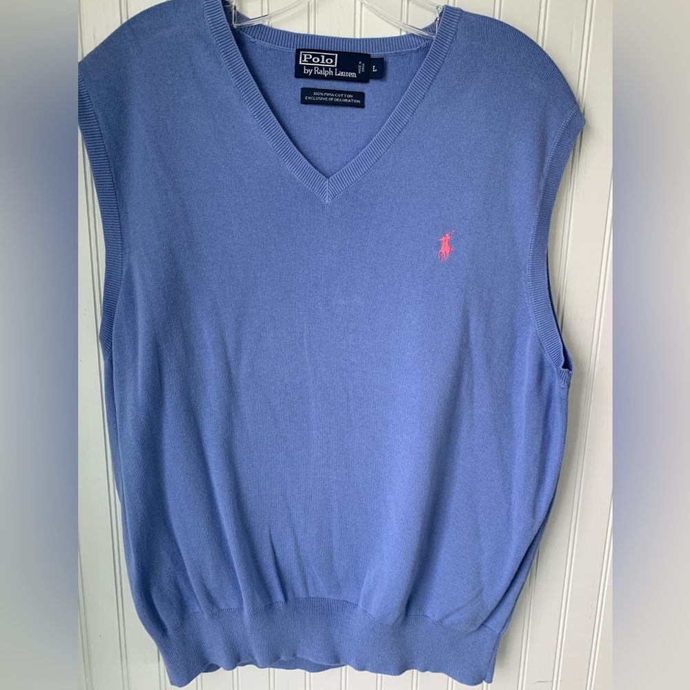 Polo Ralph Lauren V-Neck Men’s (Size Large) Baby Blue with Pink Horse - Picture 6 of 7